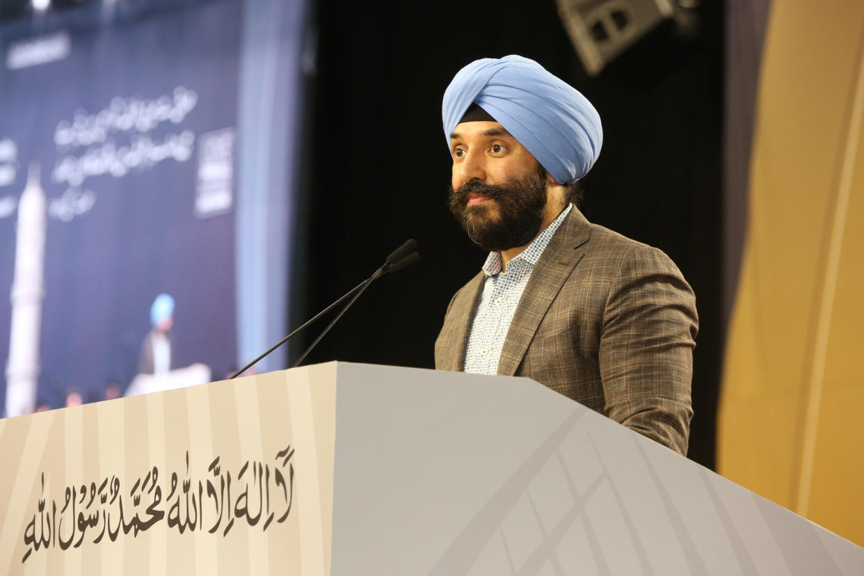 Minister of Innovation, Science and Economic Development Navdeep Bains delivers remarks during the 43rd Jalsa Salana (annual convention) of the Ahmadiyya Muslim Jama'at Canada on July 6, 2019, in Mississauga, Ontario, Canada. Over 20,000 Muslims attended this year's convention which was held for three days. (Photo by Creative Touch Imaging Ltd./NurPhoto via Getty Images)