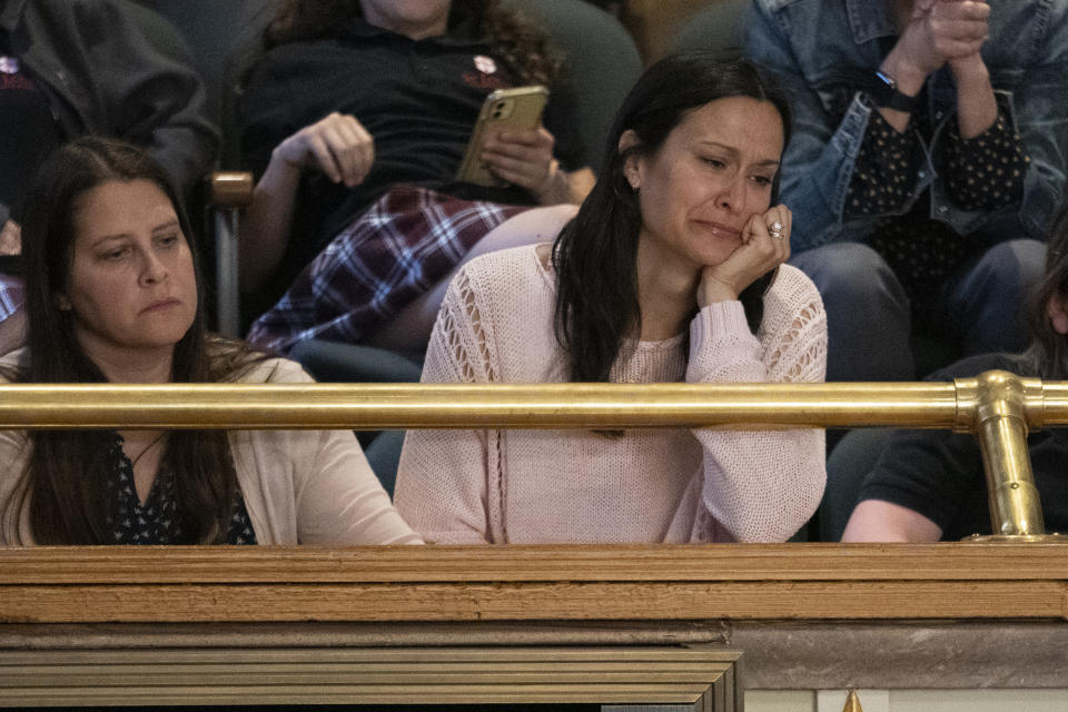 Katy Dieckhaus, mother of Covenant School shooting victim Evelyn Dieckhaus, right, attends a legislative session of the Senate at the state Capitol, Thursday, April 20, 2023, in Nashville, Tenn. (AP Photo/George Walker IV)