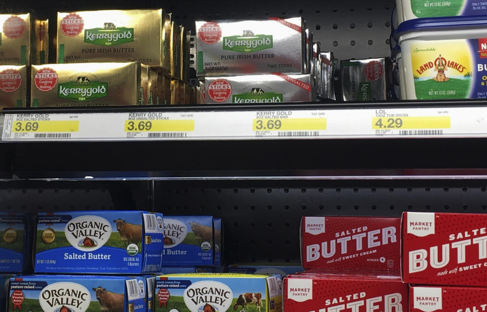 This March 3, 2017, photo, shows packages of Kerrygold Irish butter on a shelf at a store in Waukesha, Wis. A handful of Wisconsin residents has filed a lawsuit challenging a 1953 state law that bans the sale of Kerrygold Irish butter, or any other butter that hasn't been graded for quality. While retailers have been issued letters reminding them of the law, Kerrygold butter occasionally finds its way to store shelves in Wisconsin. (Larry Avila/Wisconsin State Journal via AP)