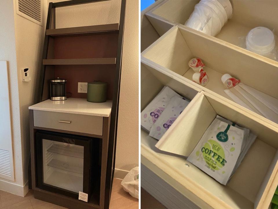 The small kitchen area in Disney World's All-Star Movies Resort hotel rooms.