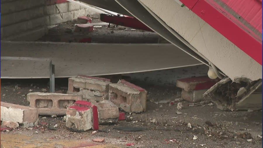 Tons of debris leftover after the roof partially collapsed at Art's Burgers in El Monte on April 11, 2024. (KTLA)