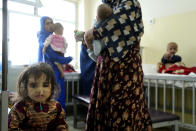 Malnourished child is treated at the Indira Gandhi hospital in Kabul, Afghanistan, Wednesday, May 18, 2022. Some 1.1 million Afghan children under the age of five will face malnutrition by the end of the year. , as hospitals wards are already packed with sick children . (AP Photo/Ebrahim Noroozi)