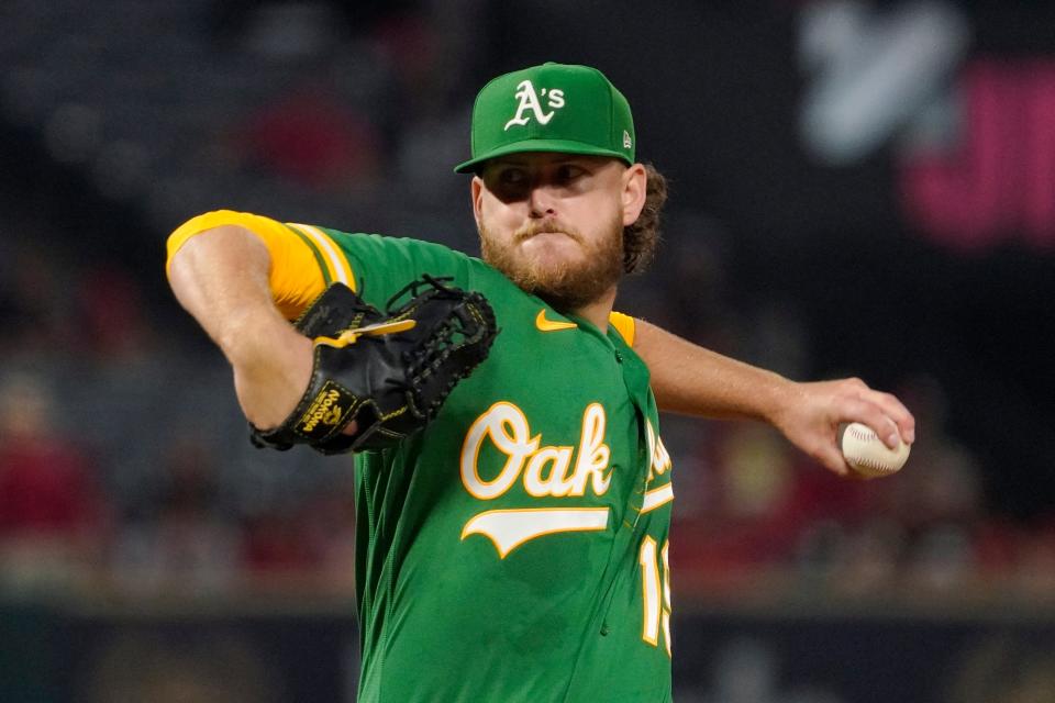 FILE - Oakland Athletics starting pitcher Cole Irvin throws to the plate during the first inning of a baseball game against the Los Angeles Angels on Sept. 29, 2022, in Anaheim, Calif. The Baltimore Orioles acquired Irvin from the Oakland Athletics on Thursday, Jan. 26, 2023, along with minor league right-hander Kyle Virbitsky for minor league infielder Darell Hernaiz. (AP Photo/Mark J. Terrill, File)