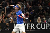 Team Europe's Andrey Rublev, of Russia, reacts after winning a crucial game against Team World's Diego Schwartzman, of Argentina, at Laver Cup tennis, Friday, Sept. 24, 2021, in Boston. (AP Photo/Elise Amendola)
