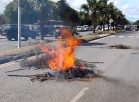 Burning leaves are pictured on a road during clashes between protesters and police, in Port Moresby, Papua New Guinea, June 8, 2016.