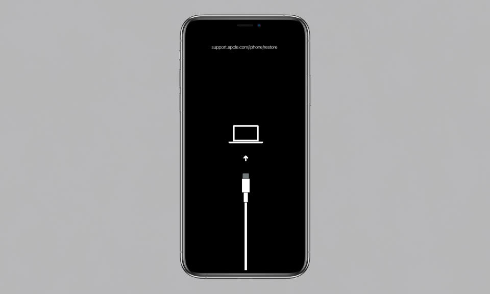 Image of an iPhone with a recovery mode graphic (a cable pointing upwards toward a laptop) on its screen.  Gray background.
