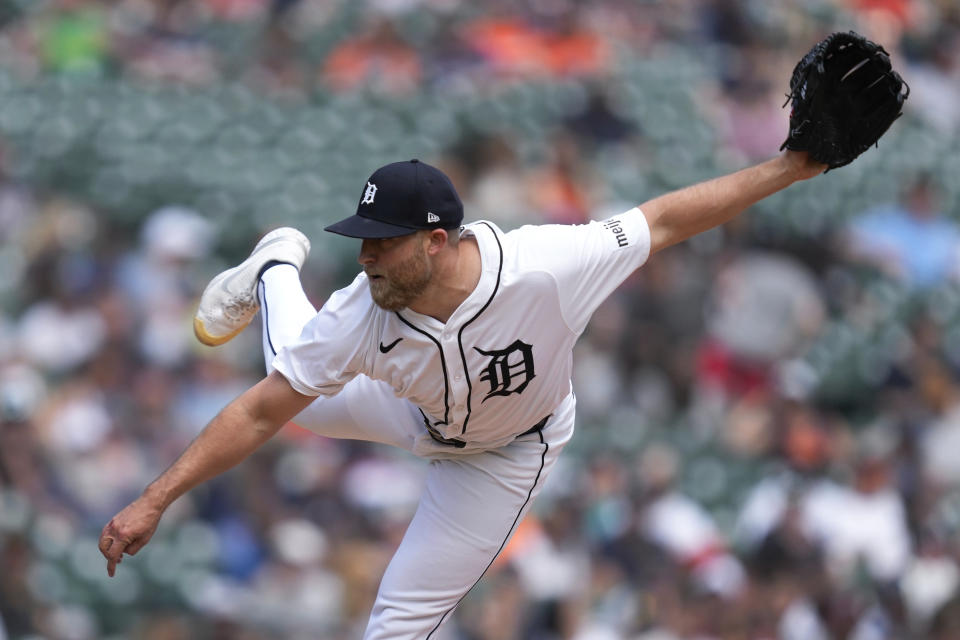 Detroit Tigers pitcher Will Vest (19) throws against the Minnesota Twins in the seventh inning of a baseball game, Sunday, April 14, 2024, in Detroit. (AP Photo/Paul Sancya)