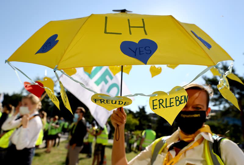 Employees of Lufthansa protest against planned job cuts in Frankfurt