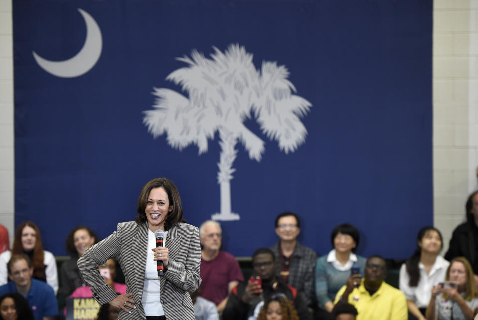 Democratic presidential candidate Kamala Harris speaks during a rally at Aiken High School in Aiken, South Carolina, on Oct. 19. (Photo: Michael Holahan/The Augusta Chronicle via ASSOCIATED PRESS)