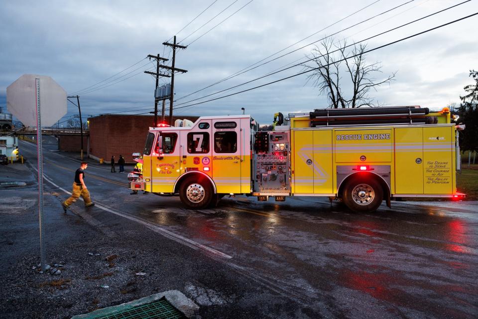 Emergency crews work at the scene where a worker was severely injured from an ammonia leak at a Knouse Foods factory on the 800 block of Peach Glen-Idaville Road, Thursday, Dec. 28, 2023, in Huntington Township.