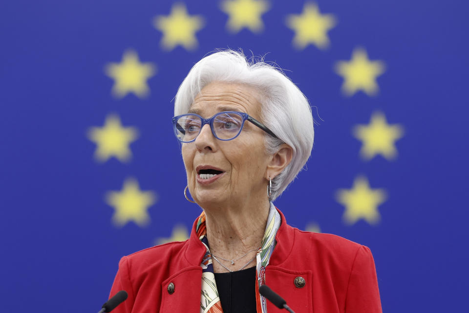 FILE - The President of European Central Bank, Christine Lagarde, delivers a speech at the European Parliament in Strasbourg, France, Wednesday, Feb. 15, 2023. European Central Bank President Christine Lagarde warned Tuesday that inflation is holding its grip on the economy and underlined that the bank intends to raise rates high enough to “break this persistence." (AP Photo/Jean-Francois Badias, File)