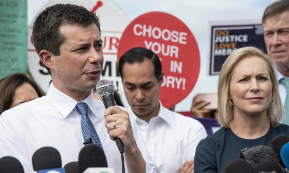 Mayor Pete Buttigieg, speaks outside the Homestead detention center, along with several other Democratic presidential candidates.