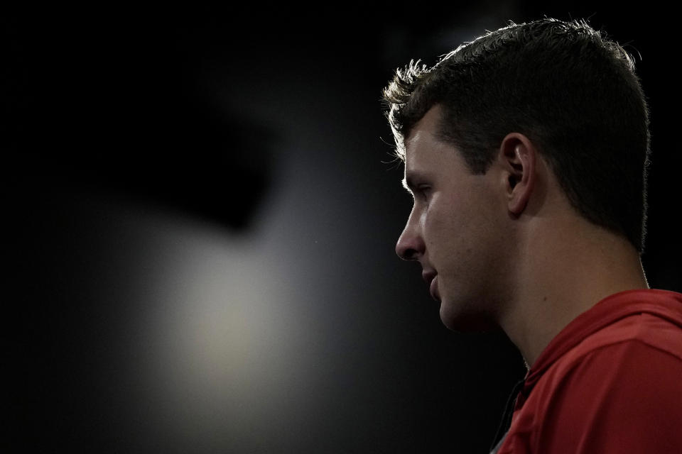 San Francisco 49ers quarterback Brock Purdy speaks to reporters after the NFL football team's practice Tuesday, May 23, 2023, in Santa Clara, Calif. (AP Photo/Godofredo A. Vásquez)