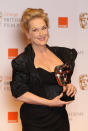 LONDON, ENGLAND - FEBRUARY 12: Actress Meryl Streep poses in the press room with the Best Actress award for 'The Iron Lady'during the Orange British Academy Film Awards 2012 at the Royal Opera House on February 12, 2012 in London, England. (Photo by Chris Jackson/Getty Images)