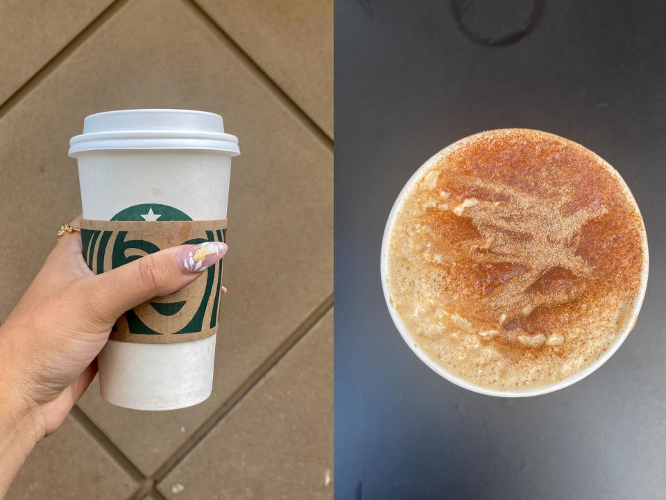 Melissa holding a Starbucks' Grande Dirty Werewolf (left); Top of Dirty Werewolf drink (right)