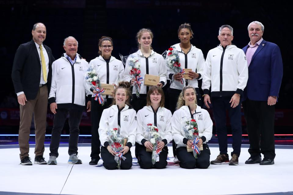 Apr 20, 2024; State College, Pennsylvania, USA; USA Women’s Freestyle Wrestling Team is introduced following the Championship Finals during day two of the U.S. Olympic Wrestling Team Trials at Bryce Jordan Center at Penn State. Mandatory Credit: Matthew O'Haren-USA TODAY Sports