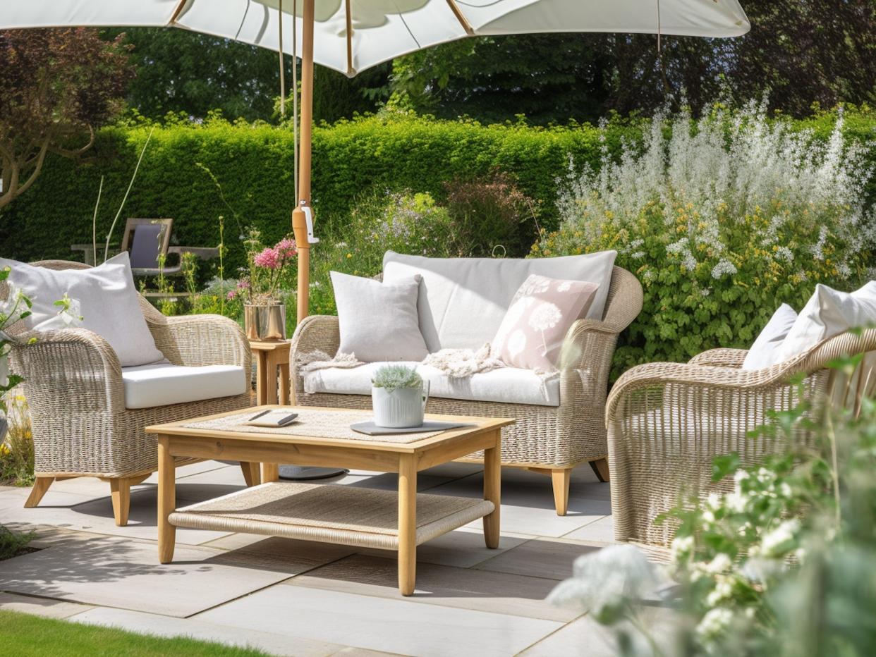 white and cream lawn furniture and decor in someone's backyard