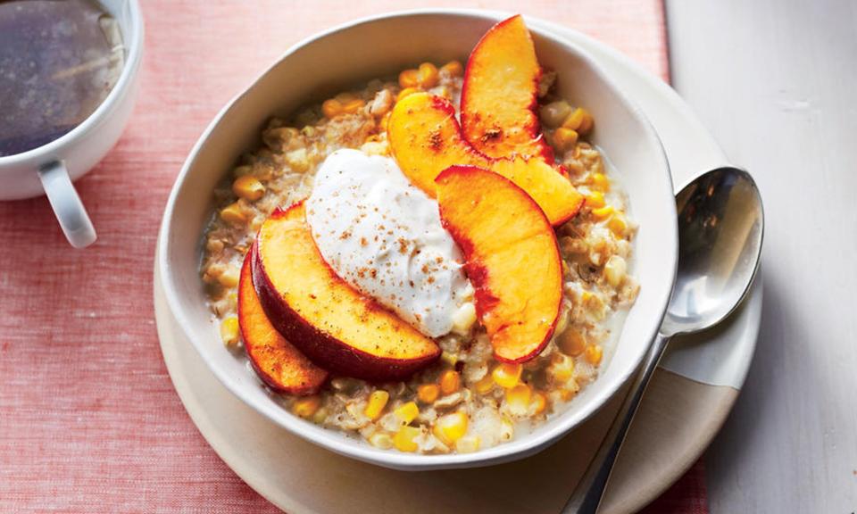 Sweet Corn Oatmeal with Peaches