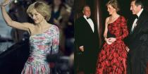 <p>It's likely the show's wardrobe team was inspired by Princess Diana's black and red ruched taffeta evening gown for the floral one-shoulder dress seen in season 4. Both gowns feature full skirts and drop-waists.</p>