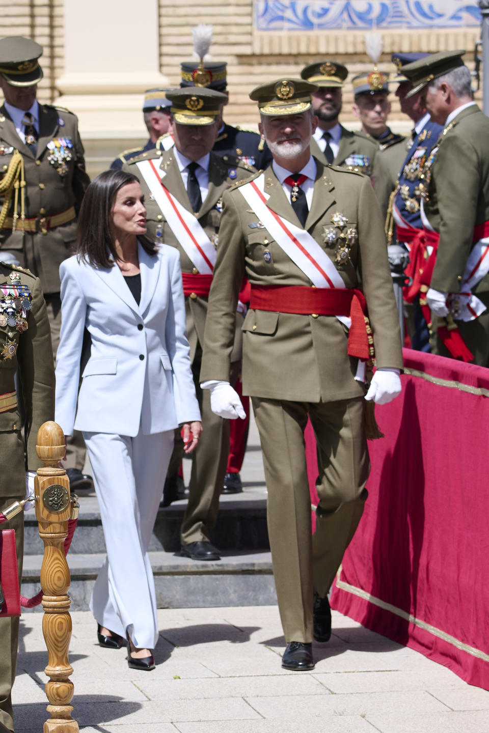 ZARAGOZA, SPAIN - MAY 04: King Felipe VI of Spain and Queen Letizia of Spain attend the 40th anniversary of the Flag Oath of the 44th promotion of the General Military Academy on May 04, 2024 in Zaragoza, Spain. (Photo by Carlos Alvarez/Getty Images)