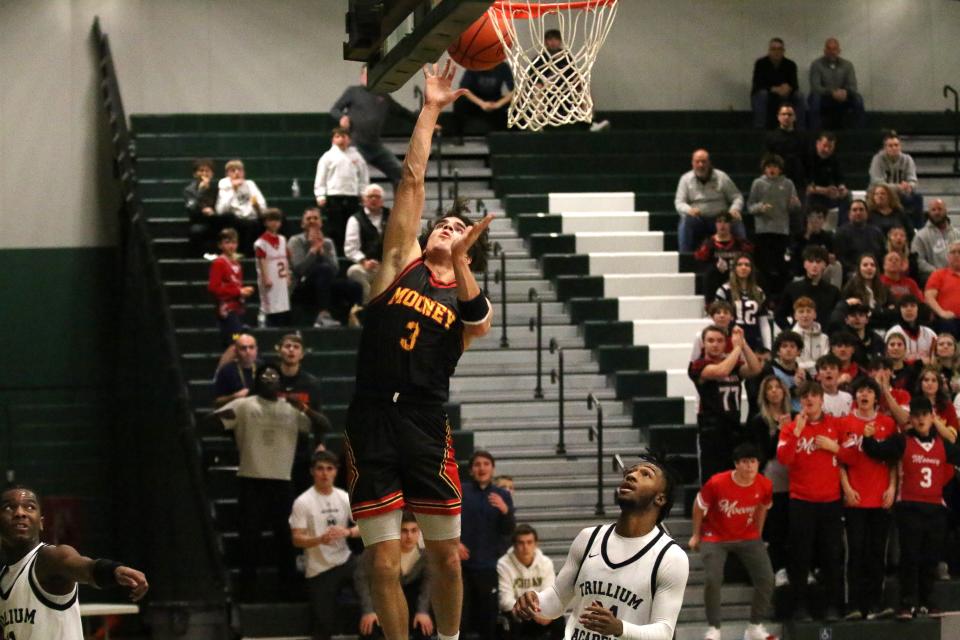 Cardinal Mooney's Trent Rice goes for a layup during the Cardinals' 59-56 win over Taylor Trillium Academy in a Division 4 state quarterfinal at West Bloomfield High School on Tuesday, March 21, 2023.