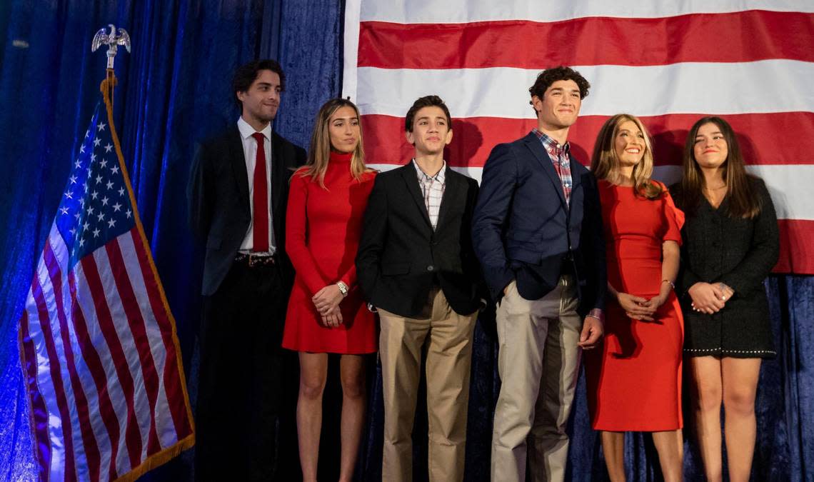 The family of U.S. Sen. Marco Rubio, R-Fla., who defeated U.S. Rep. Val Demings, D-Fla., in the Florida Senate race, attends an election party at the Hilton Miami Airport Blue Lagoon on Tuesday, Nov. 8, 2022, in Miami, Florida.