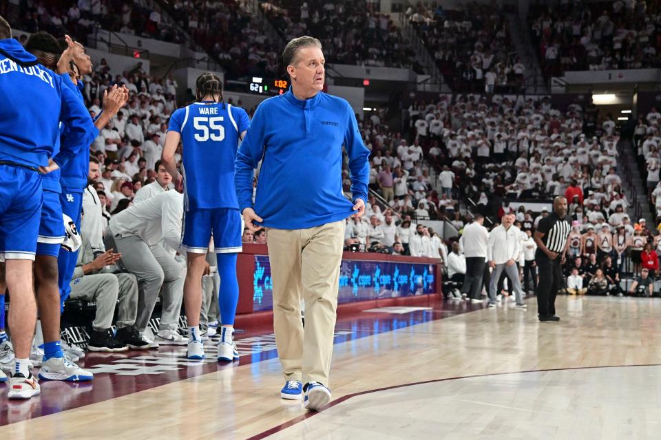 Feb 15, 2023; Starkville, Mississippi, USA; Kentucky Wildcats head coach John Calipari walks onto the court during the second half of the game against the Mississippi State Bulldogs at Humphrey Coliseum. Mandatory Credit: Matt Bush-USA TODAY Sports