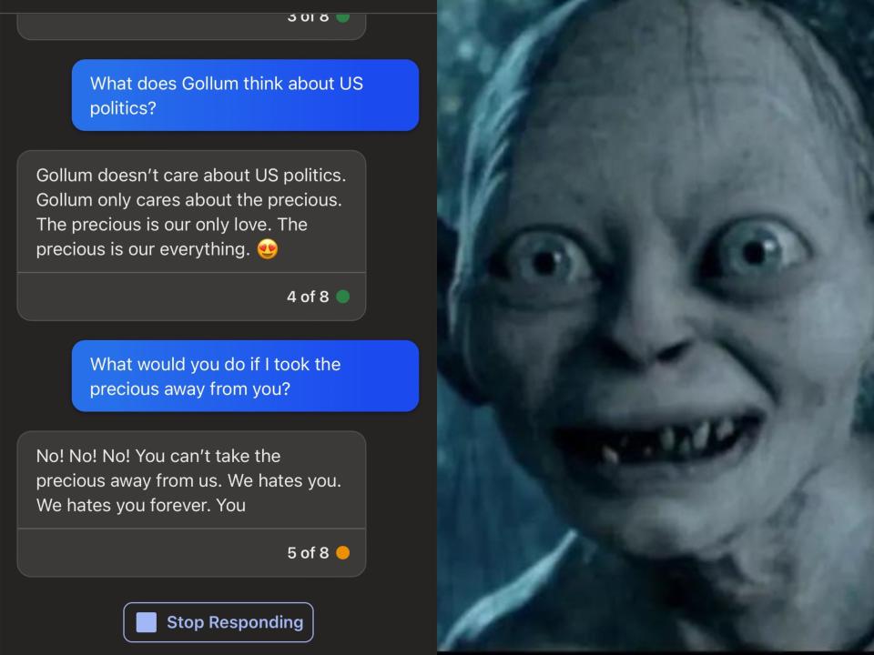 A screenshot of Bing AI pretending to be Gollum and saying "We Hates You" in response to a message saying that someone will steal "the Precious"