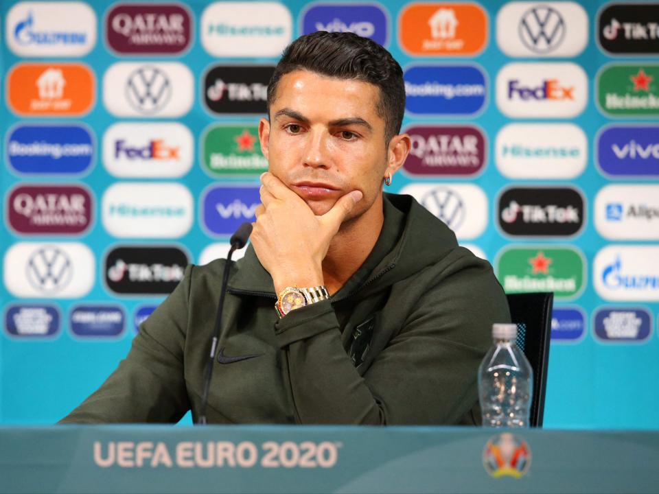 Cristiano Ronaldo at the Puskas Arena in Budapest on the eve of the Euro 2020 football match between Hungary and Poland (Uefa/AFP via Getty)