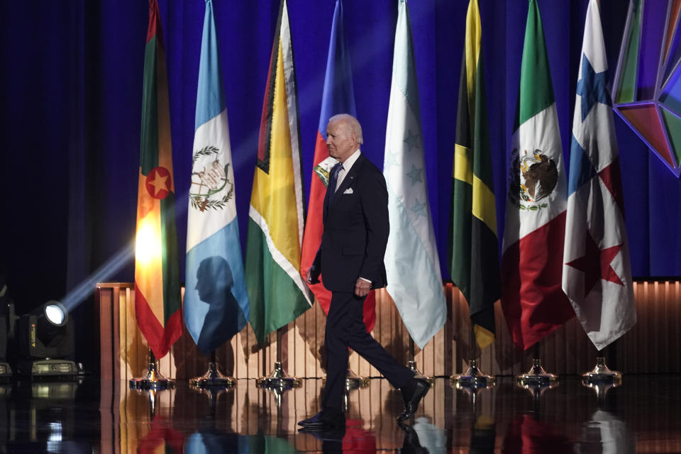President Joe Biden walks to the podium to speak during an inaugural ceremony at the Summit of the Americas in Los Angeles, Wednesday, June 8, 2022. (AP Photo/Jae C. Hong)