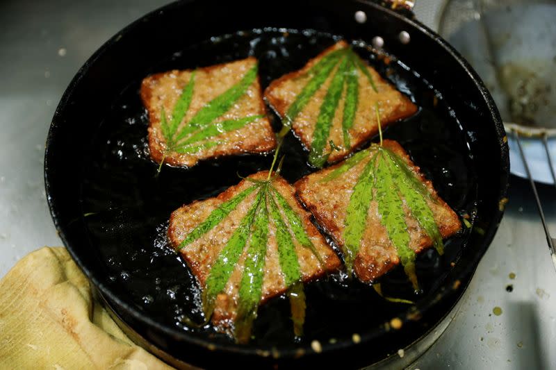 Pork sandwiches with marijuana leafs are seen at Abhaibhubejhr hospital canteen which adds cannabis infused dishes to its menu in Thailand