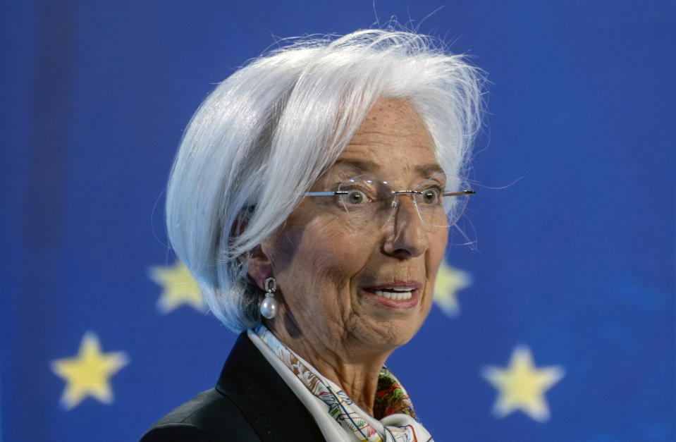 President of European Central Bank Christine Lagarde talks to the media after a meeting of the ECB's governing council, in Frankfurt, Germany, Thursday, March 7, 2024. The European Central Bank left its key interest rate at a record high as it waits for more confirmation that toxic inflation is under control for good — even as high borrowing costs drag on the stalled economy. (AP Photo/Michael Probst)