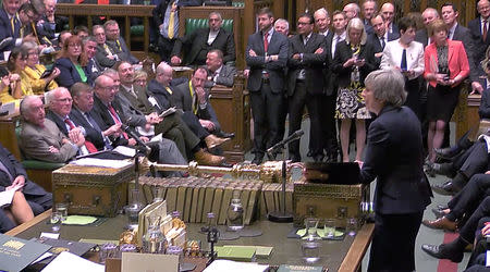 Britain's Prime Minister Theresa May speaks in Parliament, London, Britain, February 13, 2019, in this screen grab taken from video. Reuters TV via REUTERS