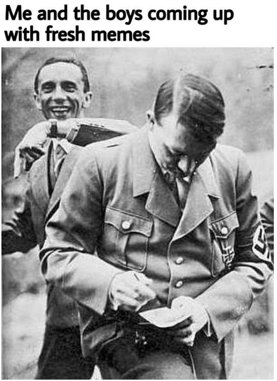 A meme from the Daily Stormer depicts Adolf Hitler with text above reading, "Me and the boys coming up with fresh memes," illustrating the integral use of memes by white nationalists and neo-Nazis.