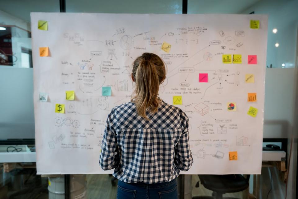 A woman with her back turned looks at a plan on a large sheet of paper with notes and post its. 