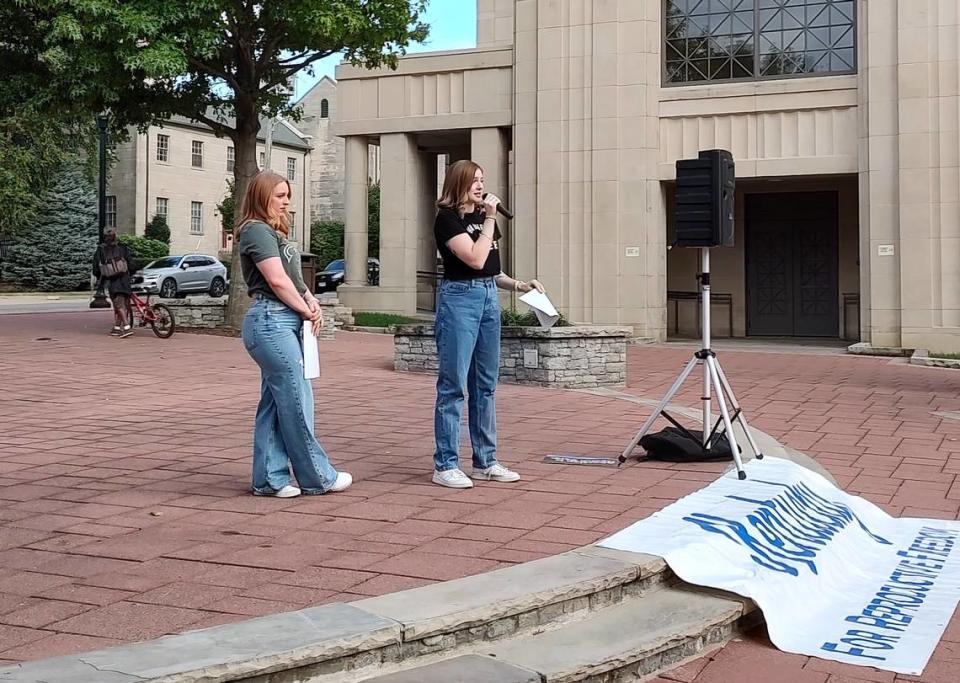 Carolyn Hassert, left, and Myriad Norris, cofounders of the Pride and Protest Kentucky group, organized a Rally For Your Rights at the Fayette County courthouse plaza in downtown Lexington Friday evening. Speakers included a number of Kentucky political candidates who voiced their support for abortion rights.