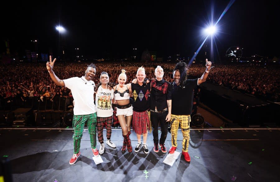 INDIO, CALIFORNIA – APRIL 13: (L-R) Gabrial McNair, Tony Kanal, Gwen Stefani, Adrian Young, Tom Dumont and Stephen Bradley of No Doubt pose on the Coachella Stage during the 2024 Coachella Valley Music and Arts Festival at Empire Polo Club on April 13, 2024 in Indio, California. (Photo by John Shearer/Getty Images for No Doubt)