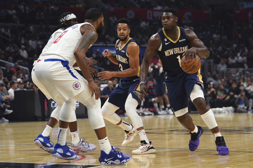 鵜鶘雖缺少了Brandon Ingram，不過仍在CJ McCollum及Zion Williamson內外搭配下擊退快艇。 (AP Photo/Allison Dinner)