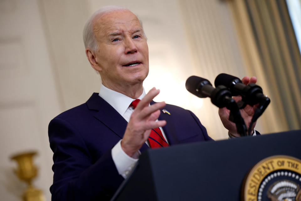 U.S. President Joe Biden delivers remarks after signing legislation giving $95 billion in aid to Ukraine, Israel, and Taiwan in the State Dining Room at the White House on April 24, 2024, in Washington, DC. (Photo by Chip Somodevilla/Getty Images)