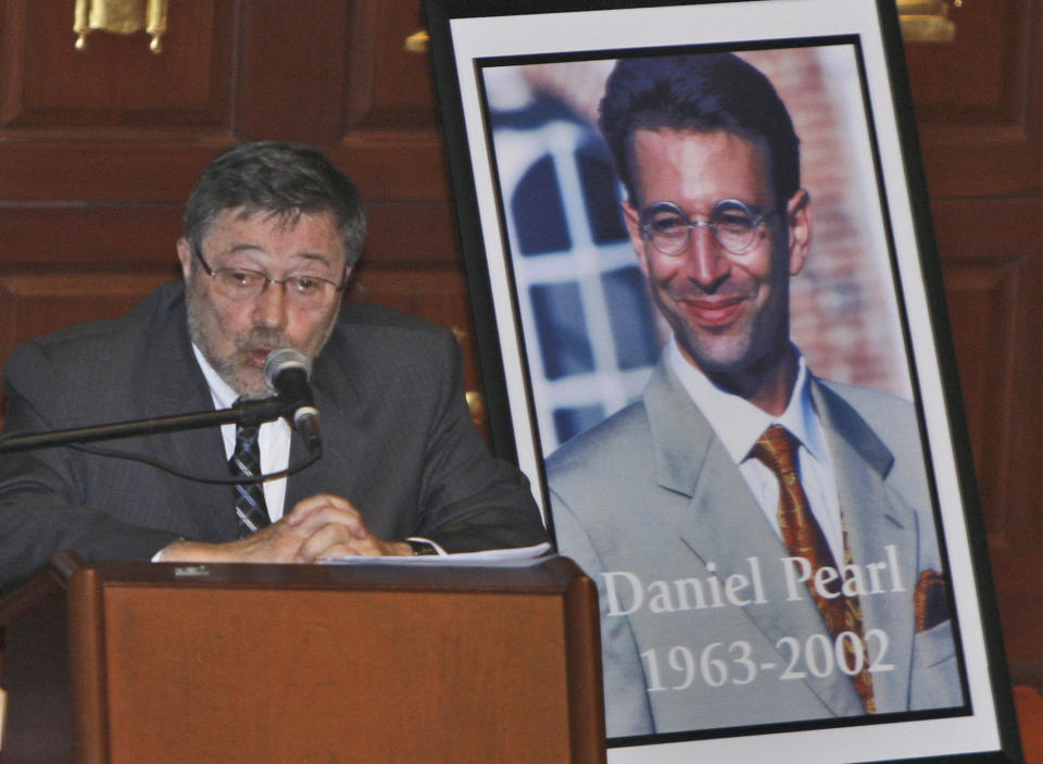 FILE - In this April 15, 2007, file photo, Dr. Judea Pearl, father of American journalist Daniel Pearl, who was killed by terrorists in Pakistan in 2002, speaks in Miami Beach, Fla. Emma Kostyun, a recent graduate of Pittsfield, Mass. High School, whose love of music developed into a love of the written word and a passion for journalism, was named Wednesday, June 16, 2021, the 2021 recipient of a college scholarship founded in honor of slain Wall Street Journal reporter Daniel Pearl. (AP Photo/Wilfredo Lee, File)