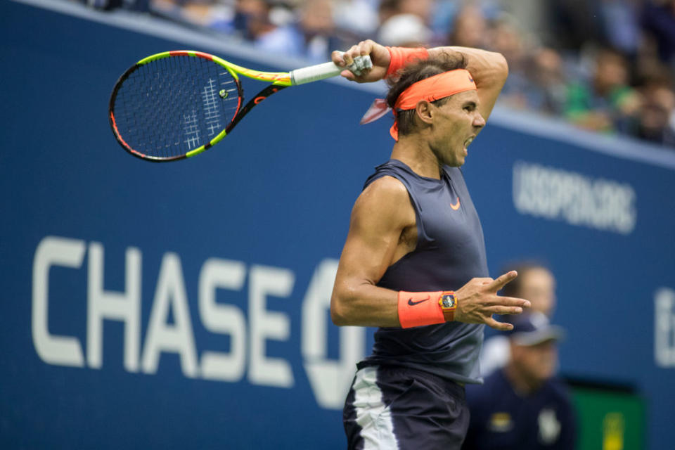 Rafael Nadal of Spain in action against Juan Martin Del Potro of Argentina in last year's Men's Singles Semi Final match on Arthur Ashe Stadium at the 2018 US Open Tennis Tournament at the USTA Billie Jean King National Tennis Center on September 7th, 2018 in Flushing, Queens, New York City. | Tim Clayton - Corbis/Getty Images