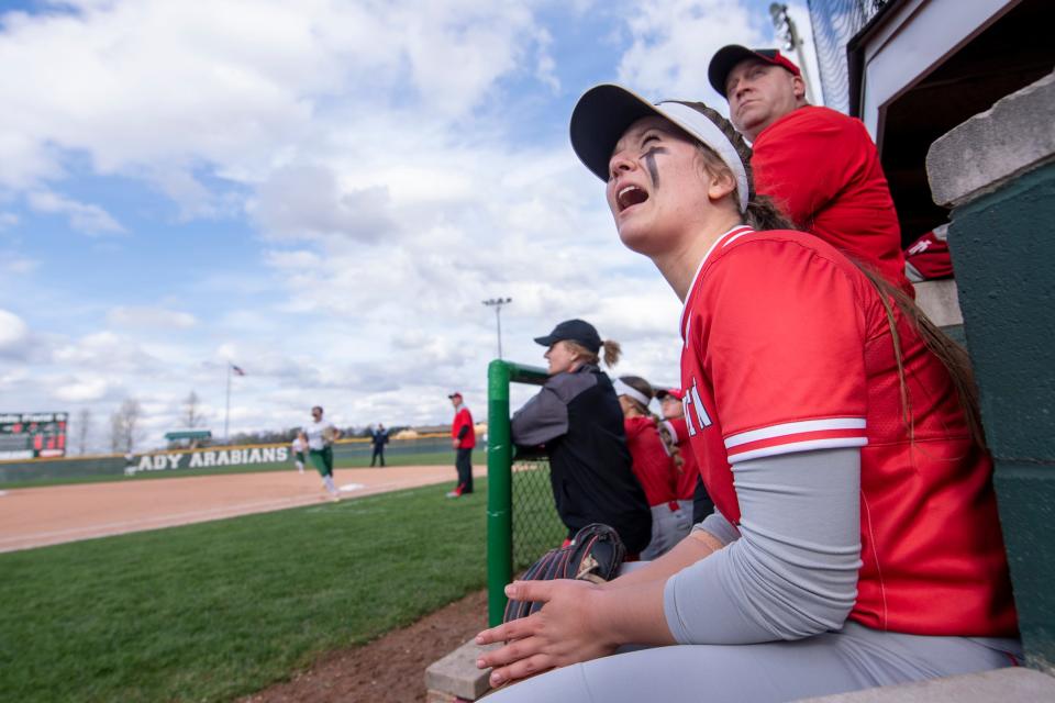 Frankton High School junior Makena Alexander (17) reacts to action on the field during an IHSAA softball game against Pendleton Heights High School, Monday, April 25, 2022, at Pendleton Heights High School.