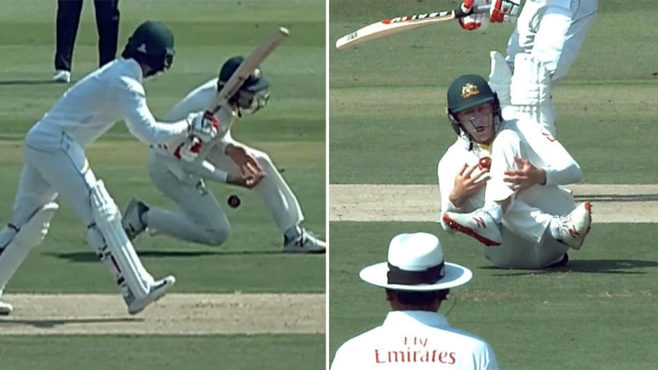 Marnus Labuschagne juggled it and eventually held the catch. Pic: Fox Sports