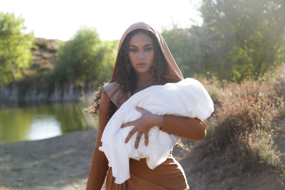 This image released by Disney Plus shows Beyoncé in a scene from her visual album "Black is King," premiering Friday on Disney Plus. (Robin Harper/Parkwood Entertainment/Disney + via AP)
