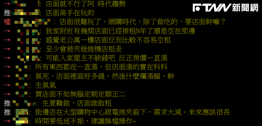 貼文曝光後，網友一面倒表示現在店面已經式微，如果這時候入場一定會虧損。（圖／翻攝自PTT）