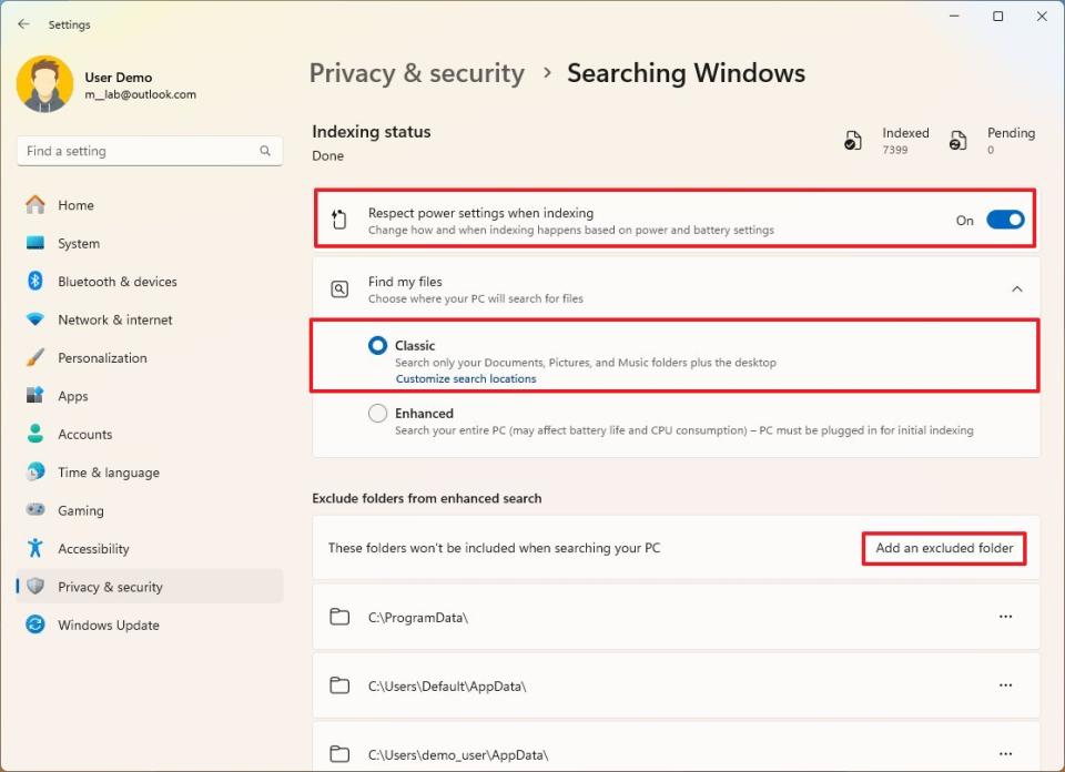 Windows 11 indexing settings for performance