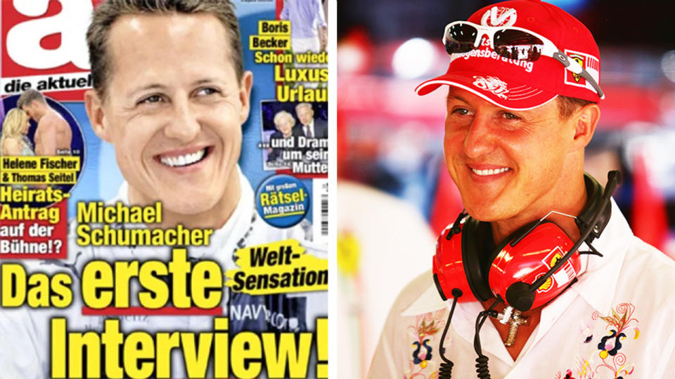 German magazine Die Aktuelle and Michael Schumacher smiling.