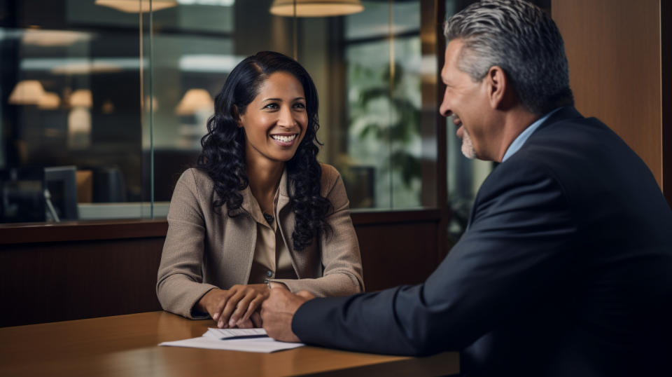 A regional bank branch manager helping a customer with her financial needs.