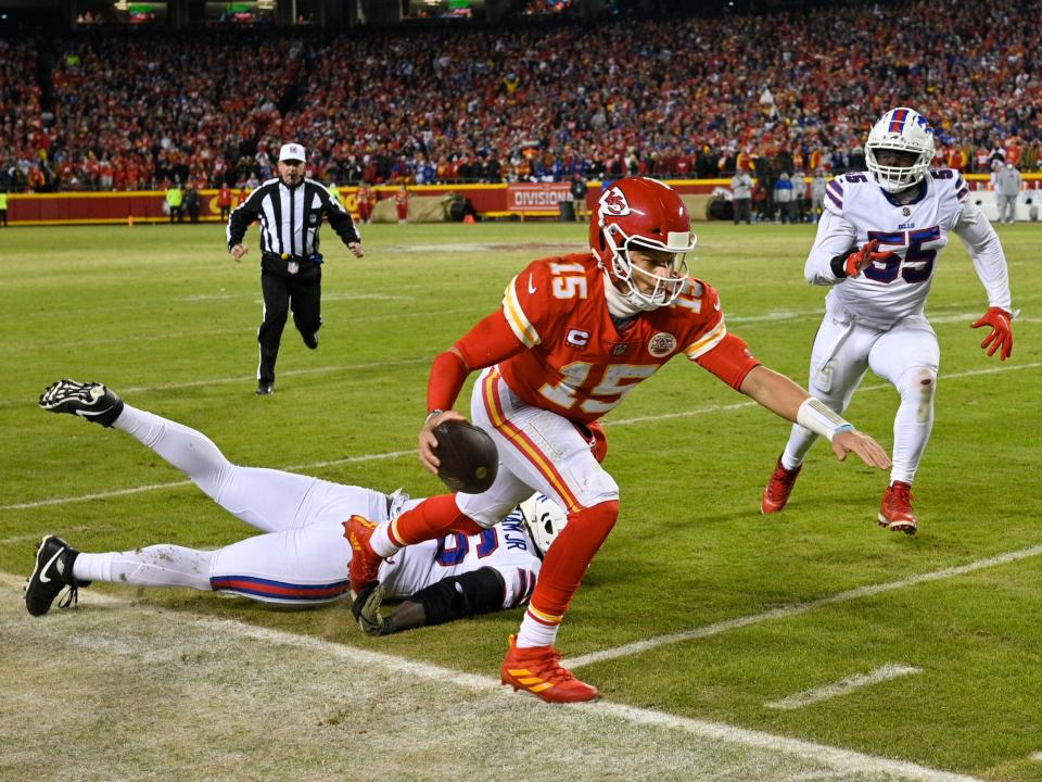 Patrick Mahomes dives for a first down against the Buffalo Bills.