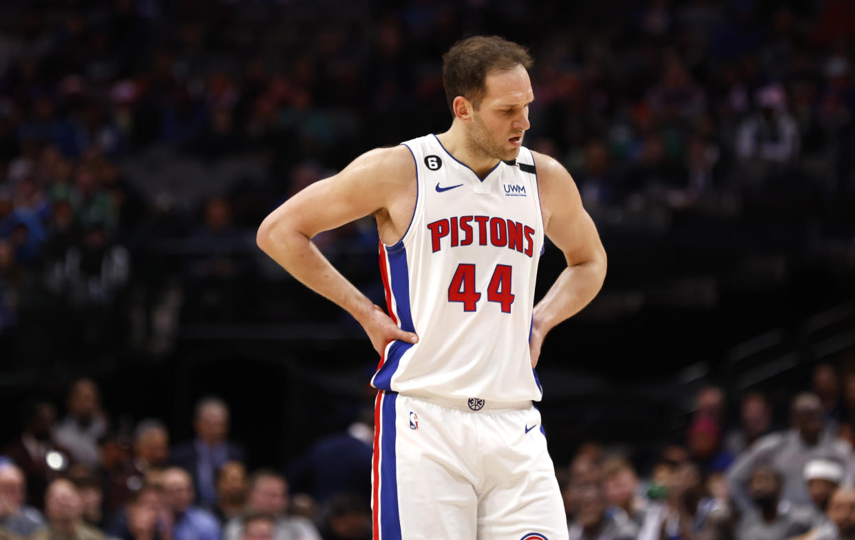 DALLAS, TX - JANUARY 30: Bojan Bogdanovic #44 of the Detroit Pistons reacts late in the game against the Dallas Mavericks at American Airlines Center on January 30, 2023 in Dallas, Texas. The Mavericks won 111-105. NOTE TO USER: User expressly acknowledges and agrees that, by downloading and or using this photograph, User is consenting to the terms and conditions of the Getty Images License Agreement. (Photo by Ron Jenkins/Getty Images)